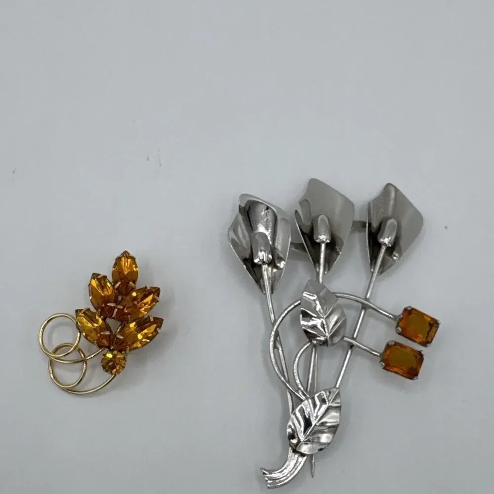 Vintage BroochSterling Silver & Gold Tone Amber Rhinestone Leaf